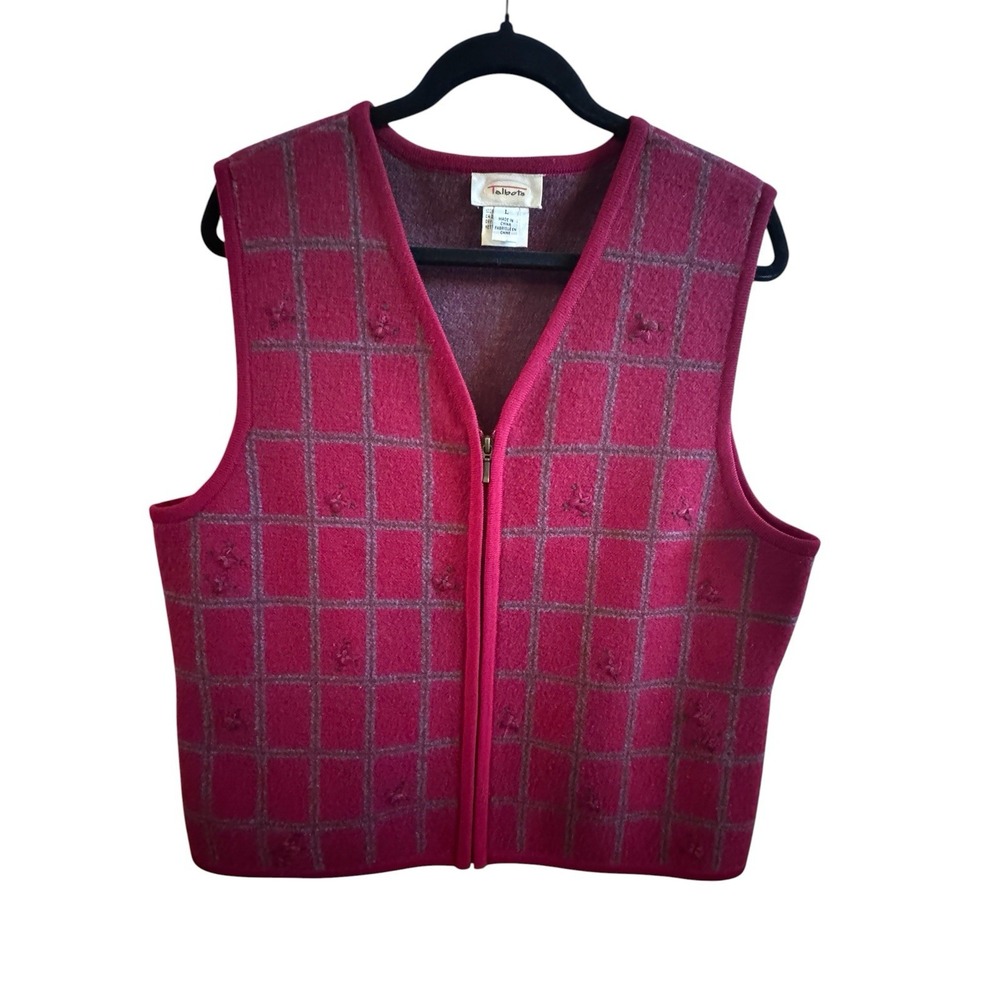 Talbots Red Wool Zip Front Vest Woman's Large Embroidered Flowers Holiday